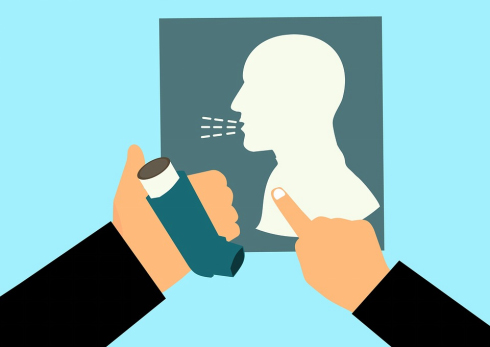 Illustration-Of-A-Man-Pointing-To-Poster-And-Holding-Inhaler
