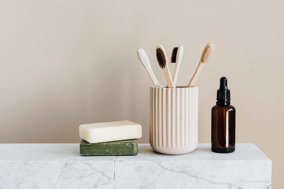 Set of toothbrushes on a counter
