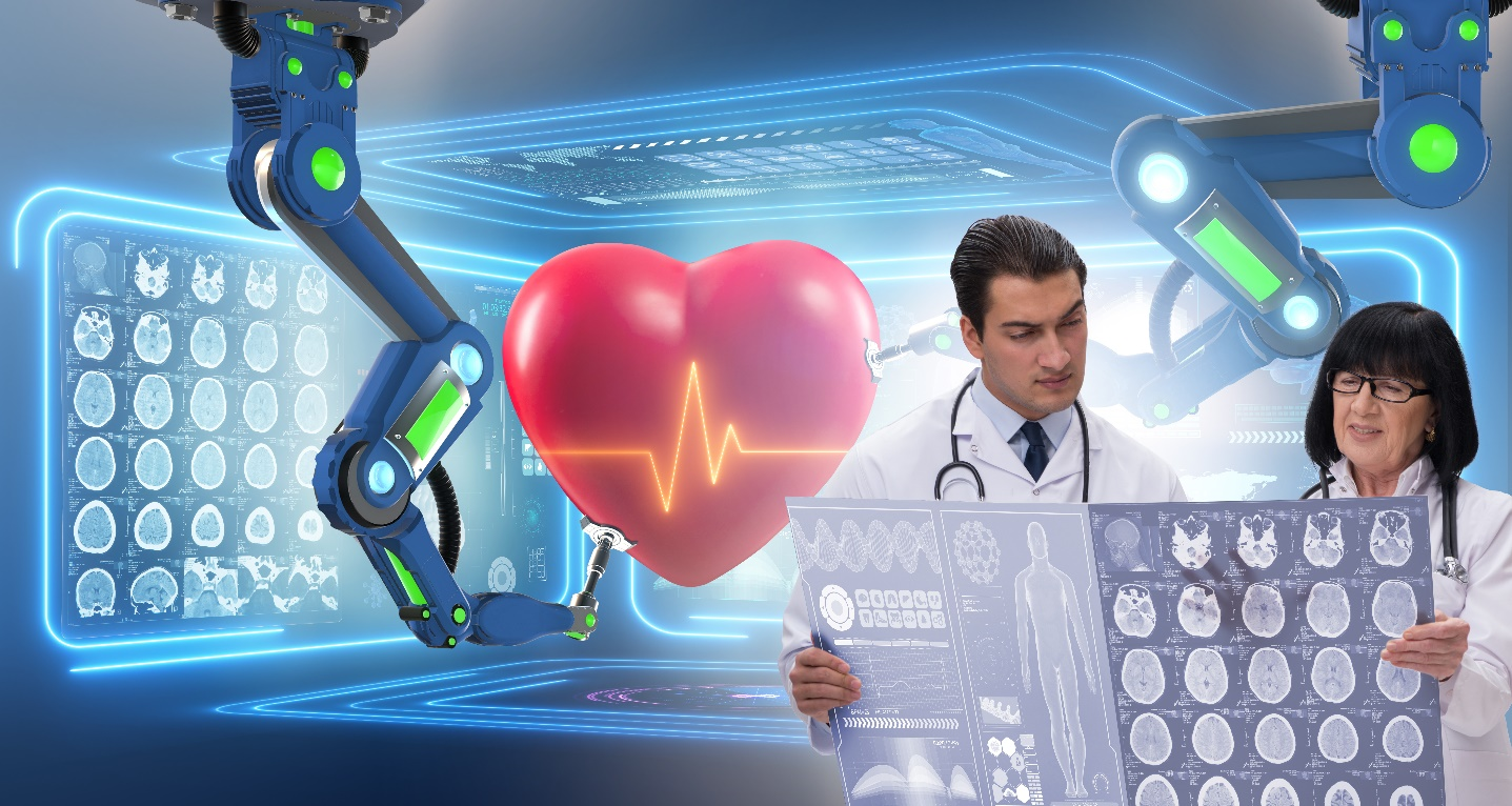 Two doctors looking holographic brain scans