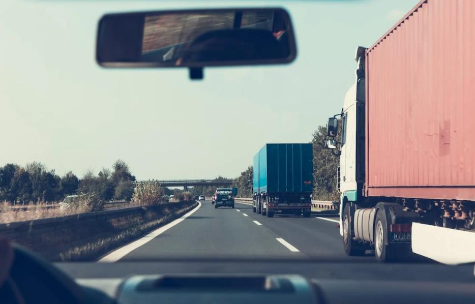 View of the freeway from inside a car. 