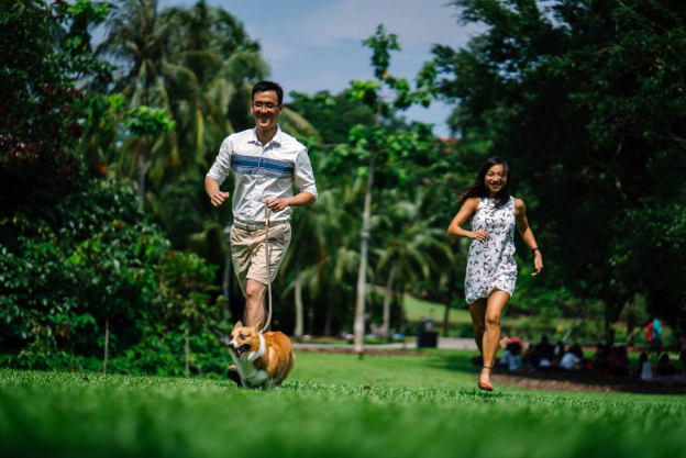 a man and woman running